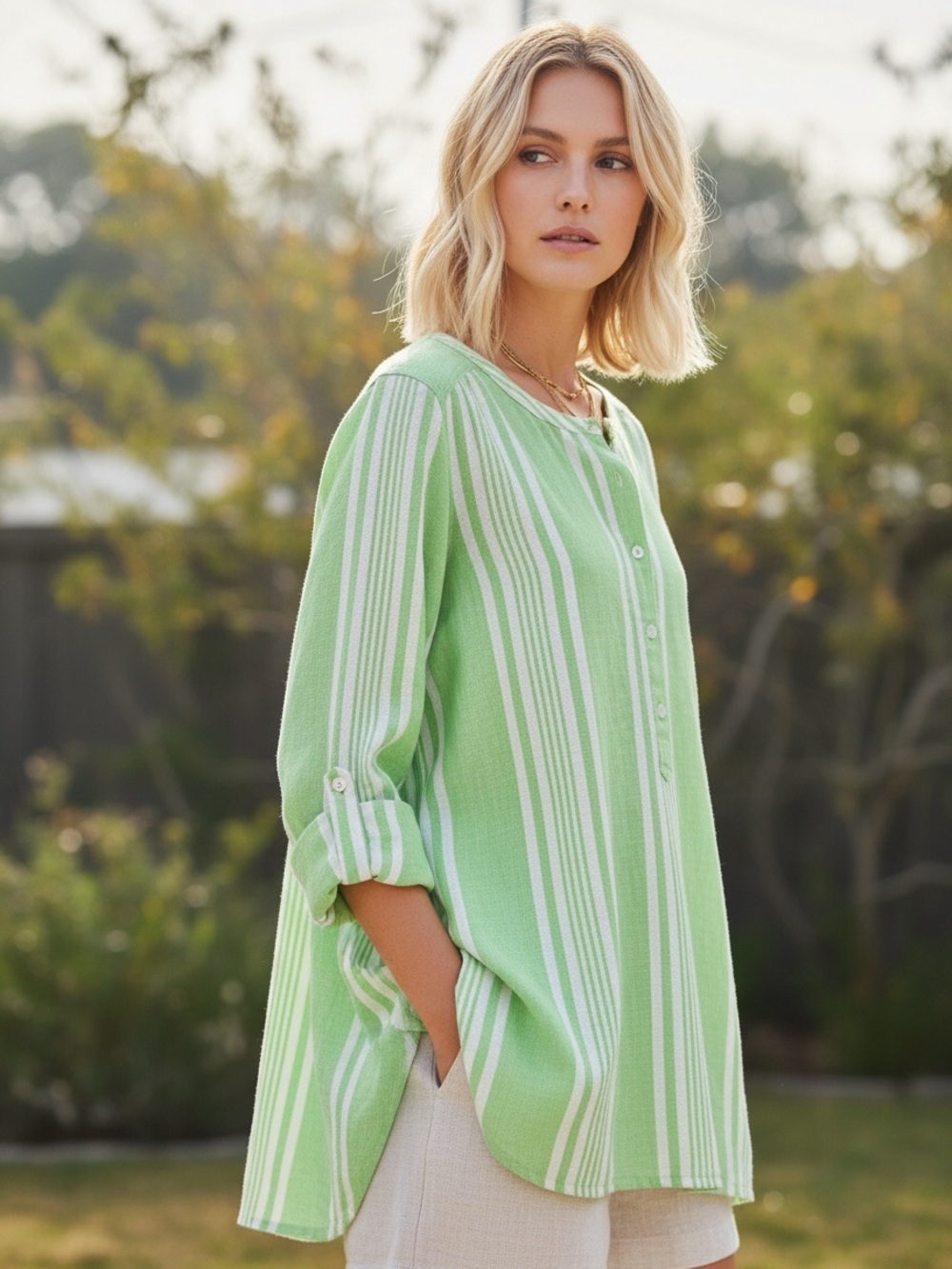 Denim&Co Light Green and White Striped Tunic